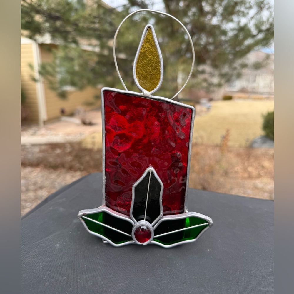 Vintage Stained Glass Christmas Holly And Candle Votive Tea Light Holder 8"